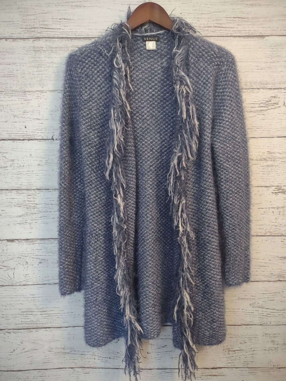 Venus Blue Eyelash Knit Fringe Open Front Cardigan Sweater Small